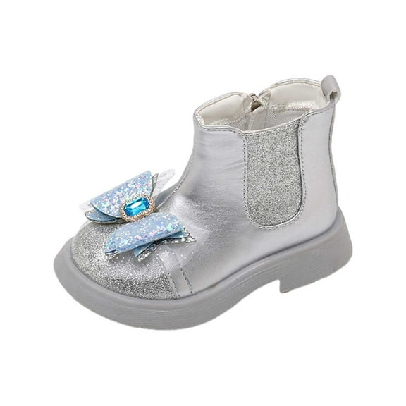 FAOWME Child Boots Shoes Leather Boots Shoes Girls Winter Mid Calf Boots Princess Bow Warm Shoes Silver 4.5-5 Years