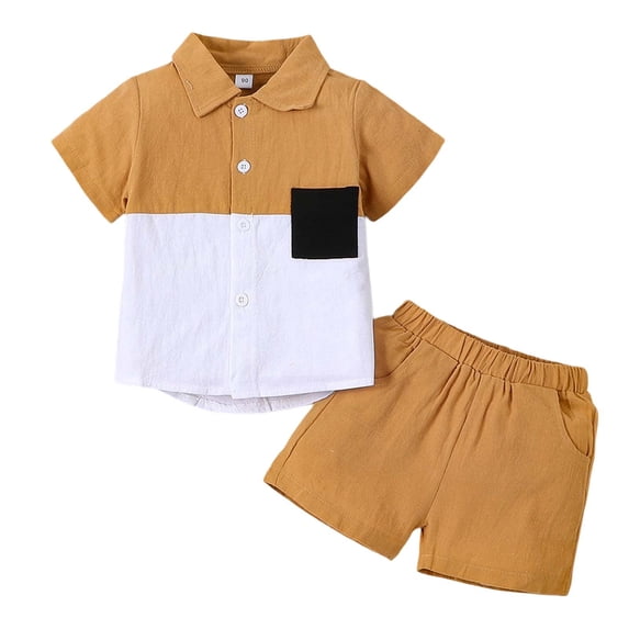FAOWME Child Boys Blend Short Sleeve Shirt Sets Casual Summer Two Piece Outfits With Collar And Solid Colors Clothes Sets Trendy Dailywear