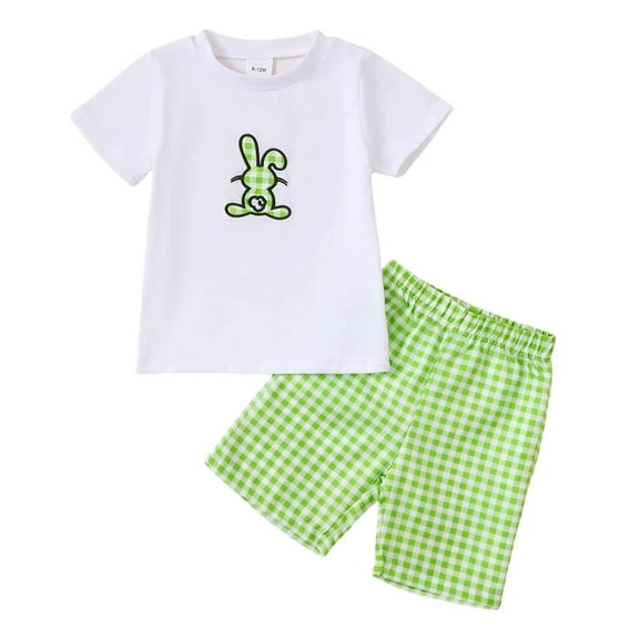 FAOWME Child Boys Easter Cartoon Embroidered T Shirt And Plaid Shorts Sets Summer 2 Piece Casual Outfits Clothes Sets Cozy O-Neck Dailywear
