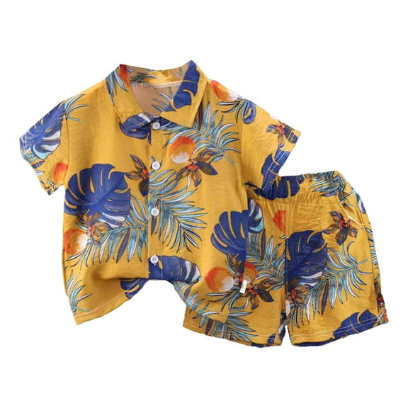 FAOWME Child Boys Hawaian Print Shirt And Shorts Sets Summer Beach Outfits 2 Piece Clothes Sets Trendy O-Neck Dailywear