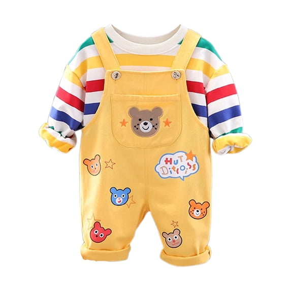 FAOWME Child Boys Outfits Sets Stylish Tshirts With Jumpsuits For Long Sleeve Tops With Pants Home Leisure Activities And Parties Easy To Wash For Summer Autumn Clothes Sets Cute O-Neck Dailywear