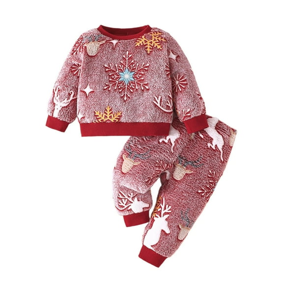 FAOWME Child Cozy Winter Themed Outfits For Girls Long Sleeve Tops And Pants Home Soft Holiday Outfits Cute Home Outfits Clothes Sets Trendy O-Neck Dailywear