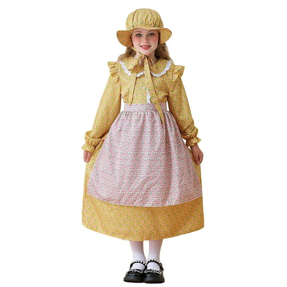FAOWME Child Girl Prairie Dress For Girls Cartoon Outfits Vintage Cartoon Dress For Festival And Themed Parties Clothes Sets Birthday O-Neck Dailywear