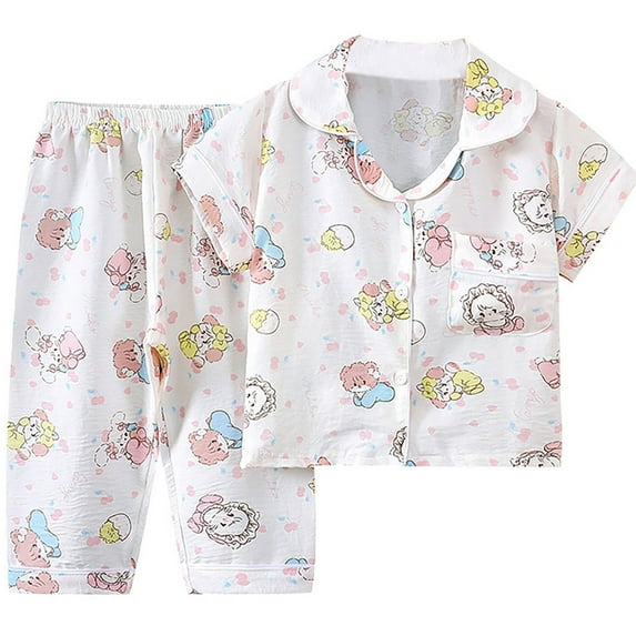FAOWME Child Girls Lightweight Cartoon Patterned Full Print Long Sleeve Tops With Pants Home Wear Outfit Sets With Cartoon Patterns Printed All Over Clothes Sets Cozy O-Neck Dailywear