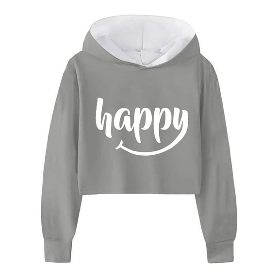 FAOWME Child Girls Long Sleeve Letters Solid Color Crop Sweatshirt Hoodie Pullover Tops For Kids Grey 8-9 Years