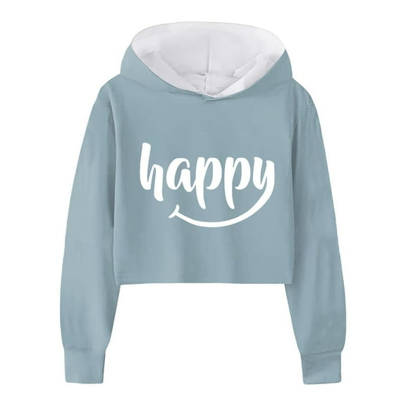 FAOWME Child Girls Long Sleeve Letters Solid Color Crop Sweatshirt Hoodie Pullover Tops For Kids Light Blue 4-5 Years