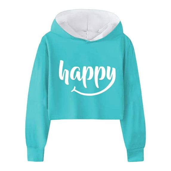 FAOWME Child Girls Long Sleeve Letters Solid Color Crop Sweatshirt Hoodie Pullover Tops For Kids Sky Blue 10-12 Years