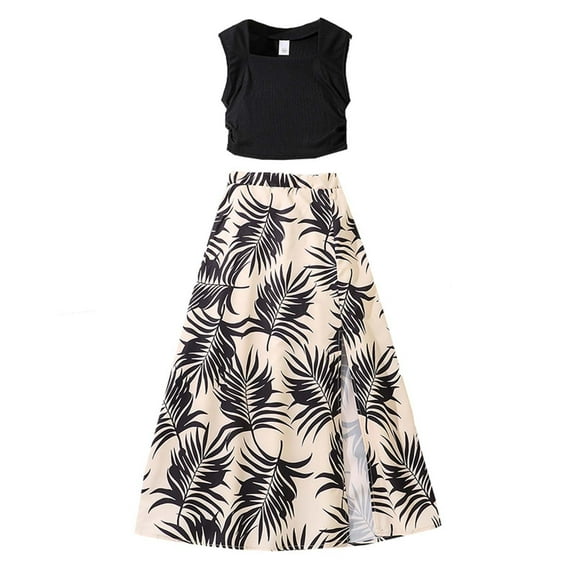 FAOWME Child Girls Outfit Sets For Kids Stylish Sleeveless Tops With Leaf Print Skirt For Daily Casual Wear Outdoor Picnics And Parties Recommended For Ages 7 12 Clothes Sets Lovely O-Neck Dailywear