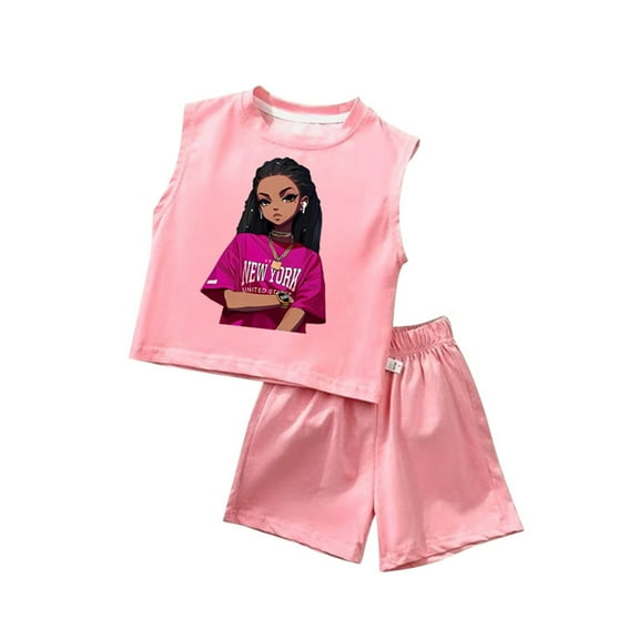 FAOWME Child Girls Summer Outfits 2 Piece Sets Cute Toddler Tank Tops And Shorts Casual Playwear Soft Breathable Comfortable Outfits For Baby Girl Clothes Sets Lovely O-Neck Dailywear