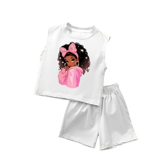 FAOWME Child Girls Summer Outfits 2 Piece Sets Cute Toddler Tank Tops And Shorts Casual Playwear Soft Breathable Comfortable Outfits For Baby Girl Clothes Sets Boho O-Neck Dailywear