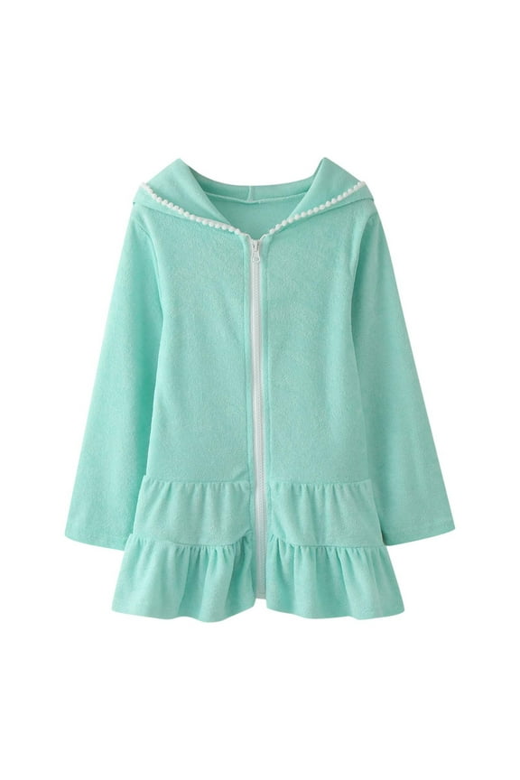 Child Girls Swim Cover Up Kids Swimsuit Coverup Zip Up Beach Bathing Suit Hooded Absorbent Bathrobe Beach Dress Green 7-8 Years
