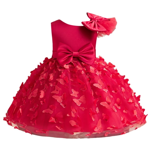 FAOWME Child Girls Tulle Pageant Dress Party Bow Knot Sleeveless Gown Dresses Red 1-2 Years