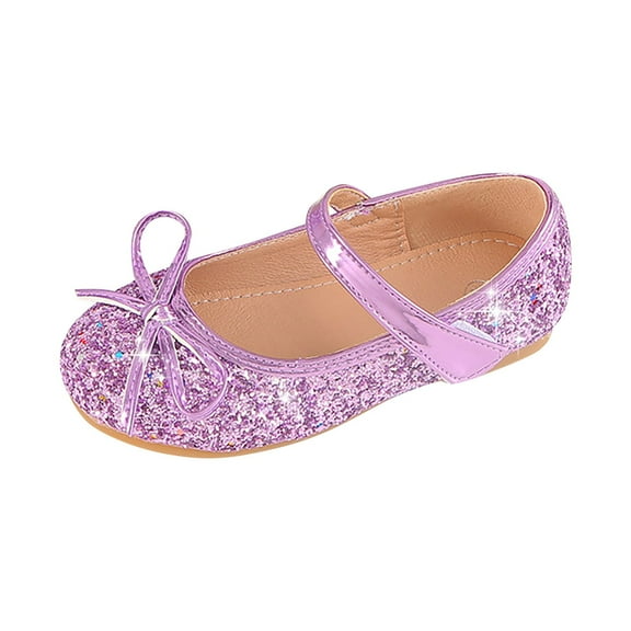 FAOWME Child Girls Wedding Shoes Flower Child Shoes Sequins Fine Glitter Bow Girl Princess Shoes Purple 5-5.5 Years