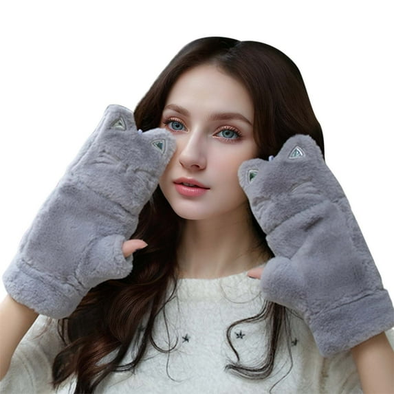 FAOWME Child Gloves Fall With Wool Thickened Windproof Warm Cute Cartoon Babys Grey One Size