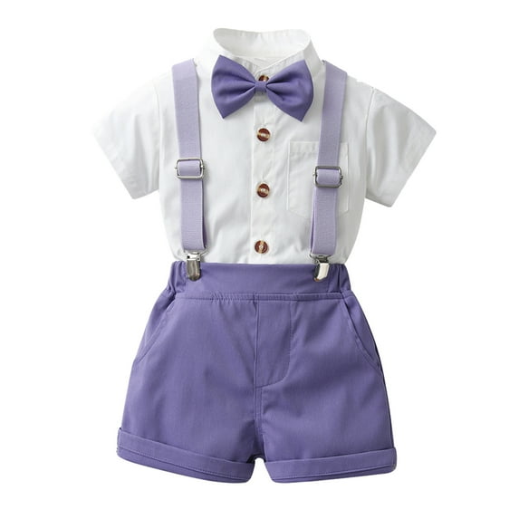 FAOWME Child Kids Boys Gentleman Outfits Short Sleeve Lapel Solid Color Bow Buttons Shirts Tops Suspenders Shorts Sets For Casual Daily Wear,Purple,9-12 Months