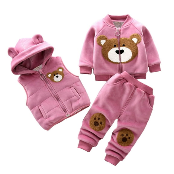 FAOWME Child Kids Boys Girls 3PCS Flannel Sets Animal Print Pullover Sweatshirt Hooded Zipper Vest Pants Winter Outfits Clothes Sets Classic Hood Sweatsuit
