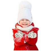 FAOWME Child Kids Boys Girls Winter Love Heart Print Color Warm Knitted Gloves White One Size