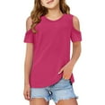 thumbnail image 1 of FAOWME Child Kids Girls Short Sleeve Shirts Cute Crew Neck Cold Shoulder Tee Tops Hot Pink 7-8 Years, 1 of 5