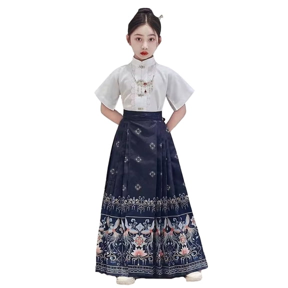 FAOWME Child Outfit Sets Dress For Girls Horse Face Skirt Classical Style Short Sleeve Ancient Clothes Sets Boho O-Neck Dailywear