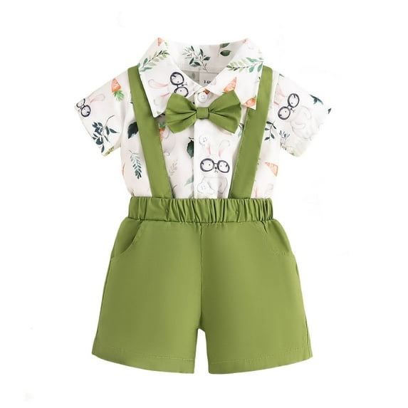 FAOWME Child Outfit Sets Easter Sets For Baby And Toddler Boys With Cartoon Rabbit Print On Short Sleeved Collared Jumpsuit And Suspenders Overalls Clothes Sets Cozy Dailywear