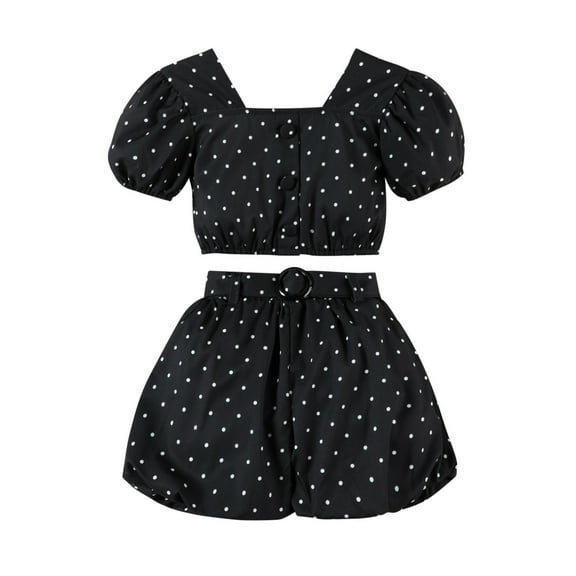 FAOWME Child Outfit Sets Kids Girls Short Sleeve Vintage Polka Dots Dress In 50s Style Clothes Sets Lovely O-Neck Dailywear