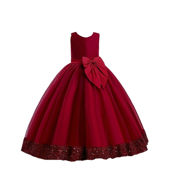 FAOWME Child Sequin Children Dress Big Bow Dress Girl Flower Girl Dress Kids Dress Red 13-14 Years