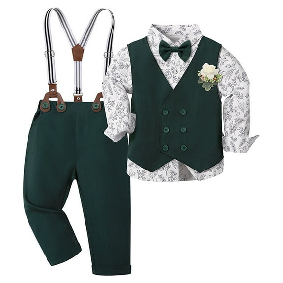 FAOWME Child Stylish Boys Elegant Red And Green Vest Outfits For Toddler Gentlemen Formal Party Wear Holiday Celebration Attire Clothes Sets Breathable O-Neck Dailywear