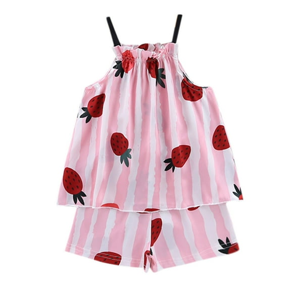 FAOWME Child Toddler Baby Girls Strawberry Suspender Tops Shorts Outfits Clothes Sets Trendy O-Neck Dailywear