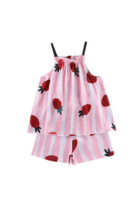 Child Toddler Baby Girls Strawberry Suspender Tops+Shorts Outfits Clothes Sets Trendy O-Neck Dailywear