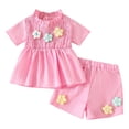 thumbnail image 1 of FAOWME Child Toddler Girls Floral 2 Piece Sets With Stripe And 3D Applique Shorts Summer Beach Short Sleeve Tops Outfits Clothes Sets Cozy O-Neck Dailywear, 1 of 8