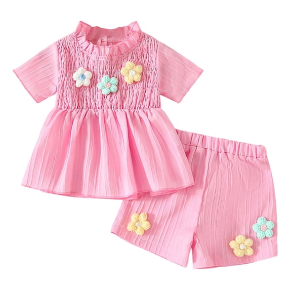 FAOWME Child Toddler Girls Floral 2 Piece Sets With Stripe And 3D Applique Shorts Summer Beach Short Sleeve Tops Outfits Clothes Sets Cozy O-Neck Dailywear