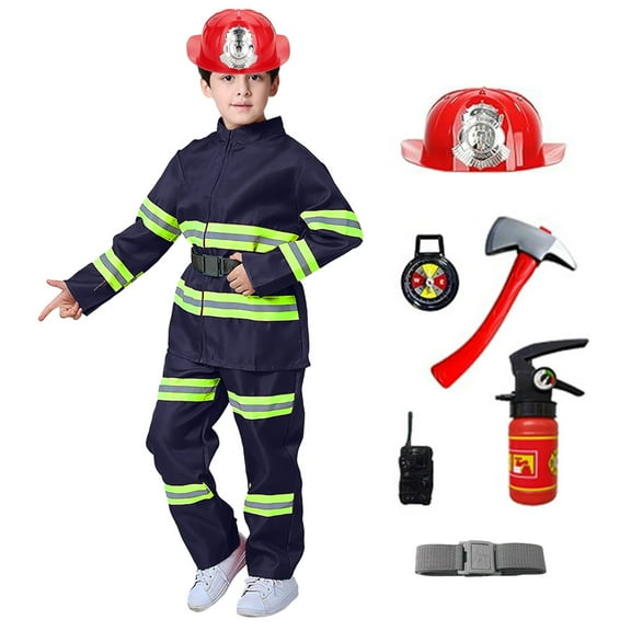FAOWME Children Boys Fireman Three Piece Set Long Sleeve Stand Collar Zipper Top And Pant Toy Accessories Campus Set,Blue,3-4 Years