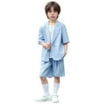 thumbnail image 1 of FAOWME Children Boys Gentleman Outfits Short Sleeve Lapel Solid Color Pocket Coat And Shorts Comfortable Formal Sets For Party Performance Wedding,Sky Blue,4-5 Years, 1 of 8