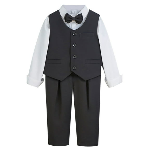 FAOWME Children Boys Suit Outfit Long Sleeve Lapel Bow Tie Shirts Solid Color Vest And Pants Formal Fashion Sets For Party Performance,Grey,3-4 Years