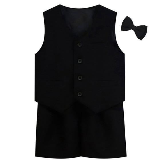 FAOWME Children Boys Suit Outfit Sleeveless Bow Tie Solid Color Vest And Shorts Formal Fashion Sets For Party Performance Wedding,Black,4-5 Years