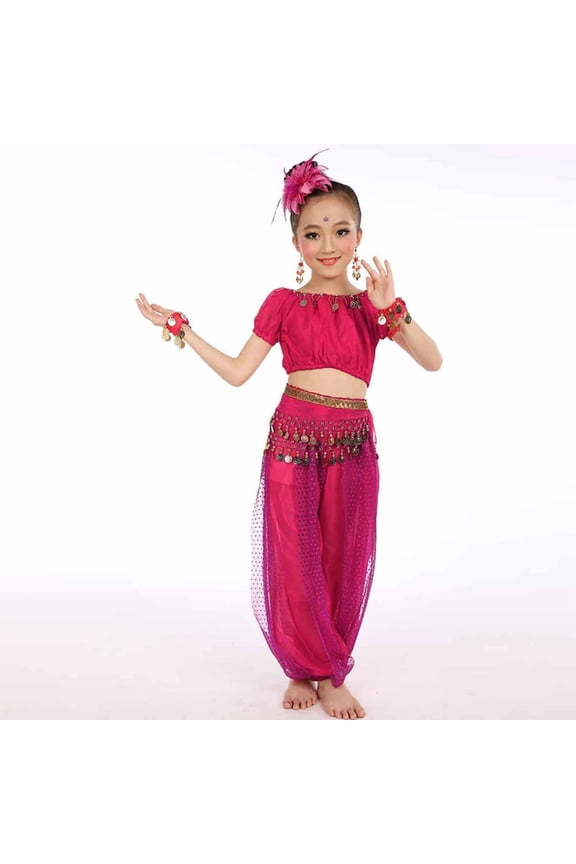 Children Girl Outfits Short Sleeve Crop Top And Mesh Pants Belly Dance Fashion Sets With Tassels For Stage Performance,Hot Pink,6-7 Years