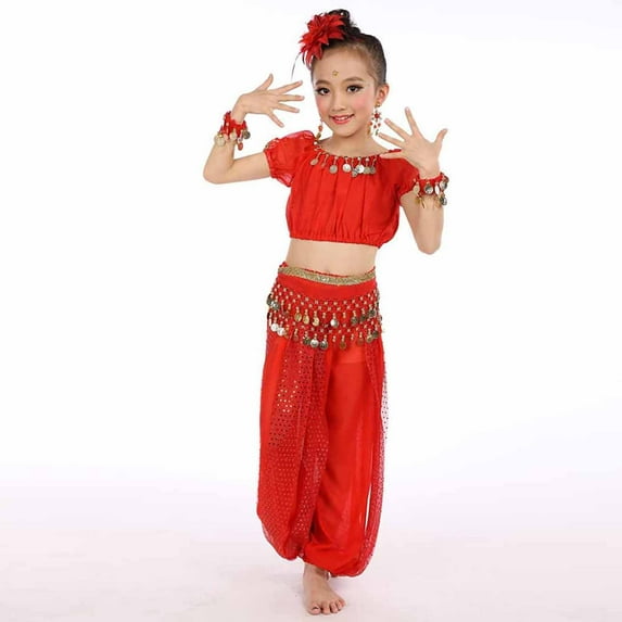 FAOWME Children Girl Outfits Short Sleeve Crop Top And Mesh Pants Belly Dance Fashion Sets With Tassels For Stage Performance,Red,6-7 Years