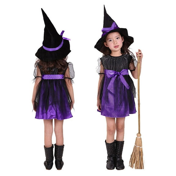 FAOWME Children Girls Halloween Sets Short Sleeve Color Block Mesh Dresses And Hat Two Piece Stylish Outfit For Party Performance,Purple,10-11 Years