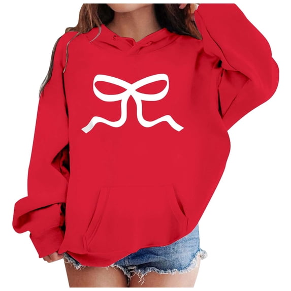 FAOWME Children Girls Hoodies With Pocket Drawstring Long Sleeved Bow Printed Sweatshirt Comfortable Loose Fit Top For Casual Daily Wear,Red,11-12Y