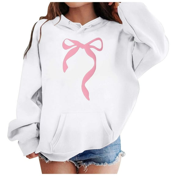 FAOWME Children Girls Hoodies With Pocket Long Sleeved Bow Printed Sweatshirt Comfortable Loose Fit Top For Casual Daily Wear,White,4-5Y