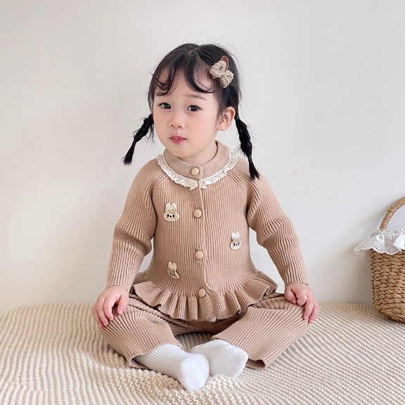 FAOWME Children Girls Outfits 2 Piece Long Sleeve Lace Ruffle Buttons Knit Cardigan And Pants Fashion Comfortable Sets For Daily Wear,Coffee,3-6 Months