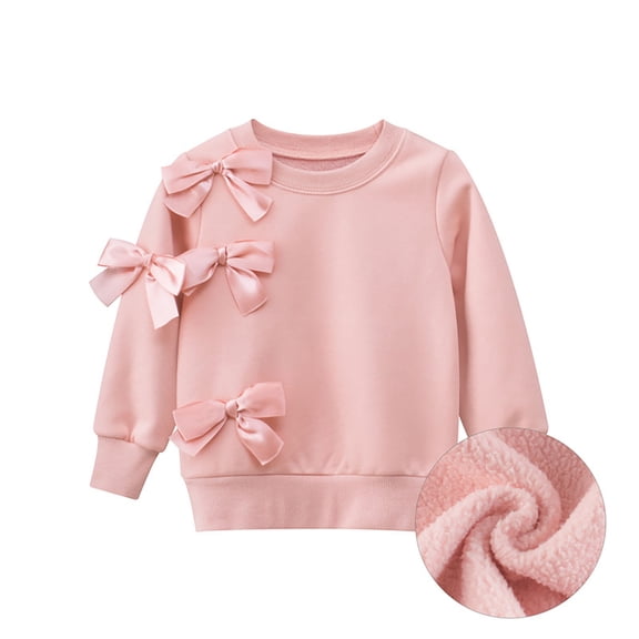 FAOWME Children Girls Pullover Long Sleeve Round Neck Solid Color Bow Plush Lined Comfortable Warm Sweatshirts For Daily Wear Pink 100