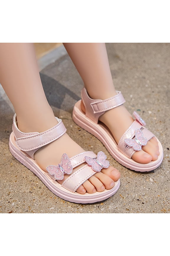 Children Girls Sandals Summer Butterfly Design With Diamond Soft Sole Open Toe Non Princess Shoes For Casual Daily Wear,Pink,5-5.5 Years