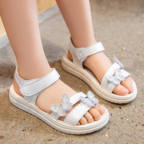 FAOWME Children Girls Sandals Summer Butterfly Design With Diamond Soft Sole Open Toe Non Princess Shoes For Casual Daily Wear,White,3.5-4 Years
