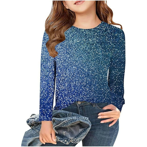 FAOWME Children Girls Tops Sequin Printed Round Neck Long Sleeve Comfortable Breathable Tee For Casual Daily Wear,Blue,8-9 Years