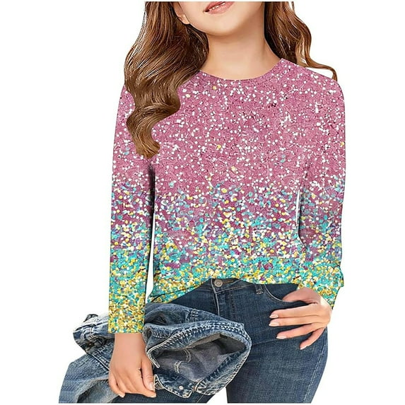 FAOWME Children Girls Tops Sequin Printed Round Neck Long Sleeve Comfortable Breathable Tee For Casual Daily Wear,Mint Green,7-8 Years