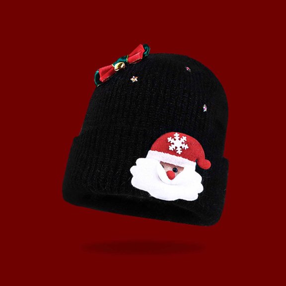 FAOWME Christmas Knitted Hats Cute Santa Claus Design Comfortable Fashion Warm Caps For Adult Holiday Party Black One Size