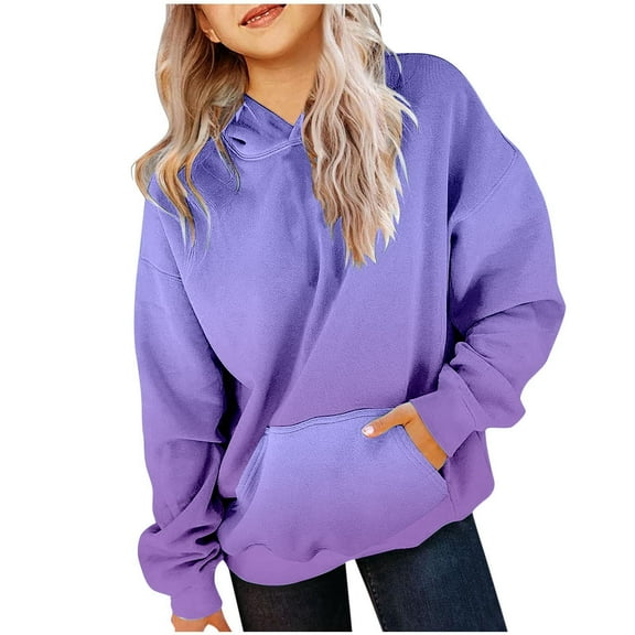 FAOWME Cute Hoodies For Teen Girls Trendy Preppy Hooded Sweatshirts Oversized Long Sleeve Shirts Gradient Clothes For Girls Purple 11-12 Years