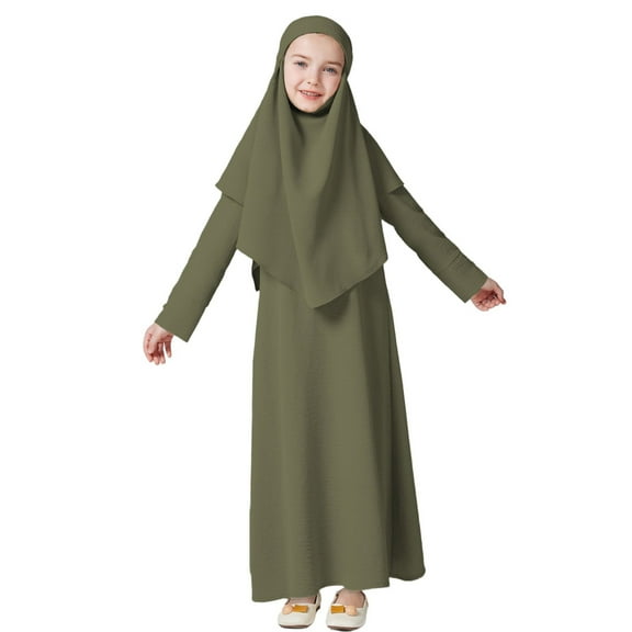FAOWME Dress For Girls Long Sleeve Prayer Dress Hijab For Kids Girls Abaya Green 7-8 Years