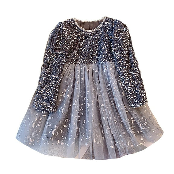 FAOWME Fairy Like Sequin Dress For Girls With Versatile Long Sleeve Net Skirt Grey 5-6 Years